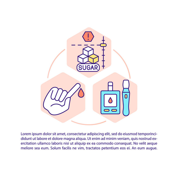 Diabetes concept line icons with text. PPT page vector template with copy space. Brochure, magazine, newsletter design element. Medical help in disease curing linear illustrations on white - Vettoriali, immagini