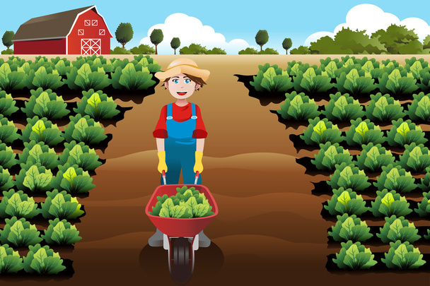 野菜の農場での作業の小さな男の子 - ベクター画像