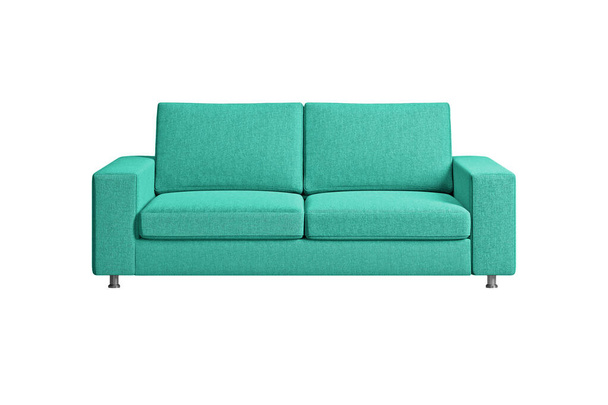 Bright turquoise fabric sofa on nickel metal legs isolated on white background with clipping path. Series of furniture - Фото, изображение