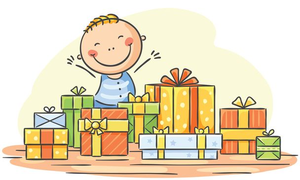 Child has too many presents - Vettoriali, immagini