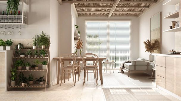 竹の天井とベージュ色の色調で居心地の良い木製の持続可能なリビングルームとキッチン。ソファ、ダイニングテーブル、椅子。鉢植え。セラミックの床だ。環境に優しいインテリアデザイン - 写真・画像
