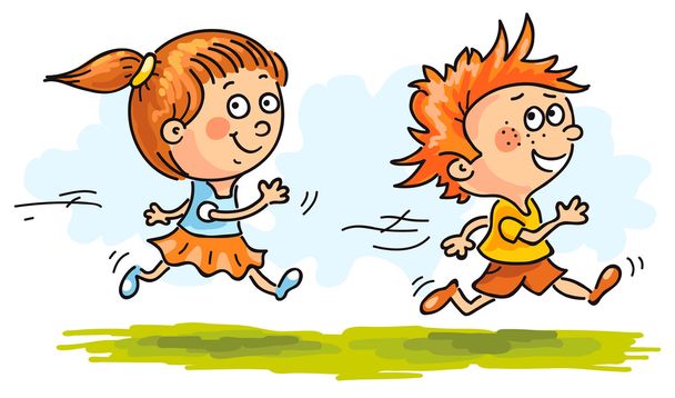 Мальчик и девочка бегут быстро
 - Вектор,изображение
