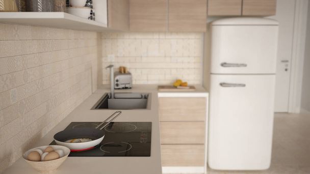 Interior design depth of field, cosy kitchen. Induction hob, pan with fried egg. Refrigerator. Ceramic tiles. Environmental friendly interior design, modern architecture concept idea - Foto, afbeelding