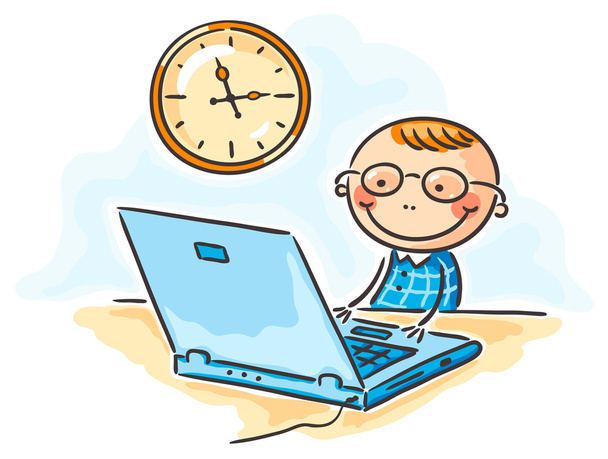 Boy in glasses at the computer - Vector, Image