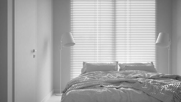Total white project, cosy peaceful bedroom, double bed, pillows and blankets close-up, ceramic tiles floor, floor lamps, big window with venetian blinds, modern interior design - Photo, Image