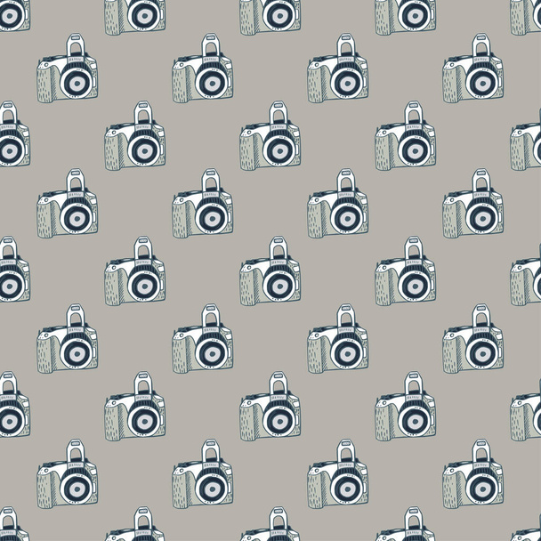 Photo camera vintage seamless pattern. Retro photo cameras design. Repeated texture in doodle style for fabric, wrapping paper, wallpaper, tissue. Vector illustration. - Vettoriali, immagini