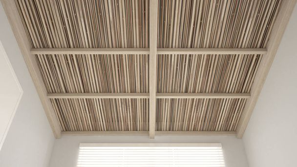 Ανώτατο όριο γκρο πλαν στο σύγχρονο βιώσιμο εσωτερικό της χώρας, ξύλινη οροφή μπαμπού, εκτεθειμένα δοκάρια και μπαστούνια, άσπροι τοίχοι σοβά, παράθυρο με περσίδες, εναέρια αρχιτεκτονική στέγη σχεδιασμό - Φωτογραφία, εικόνα