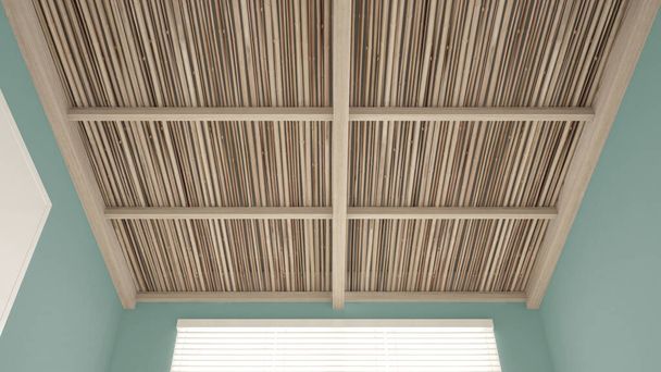 現代の持続可能な国のインテリア、木製の竹の天井、露出した梁と杖、ターコイズ石膏の壁、ブラインド付き窓、天井の建築デザイン - 写真・画像