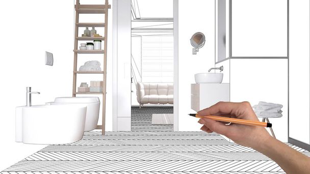 Empty white interior with with herringbone parquet, white walls, hand drawing custom architecture design, black ink sketch, blueprint showing clean bathroom with sink and accessories - Photo, Image