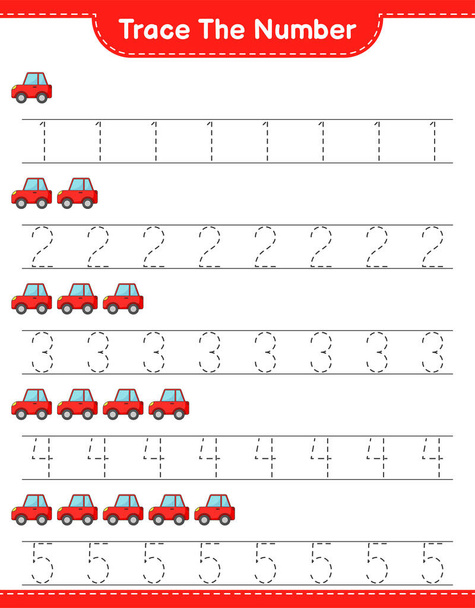 Trace the number. Tracing number with Car. Educational children game, printable worksheet, vector illustration - Vector, Image