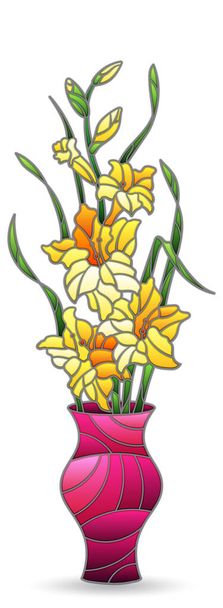Иллюстрация в стиле витража с цветочным натюрмортом, ваза с гладиолами, выделенная на белом фоне - Вектор,изображение
