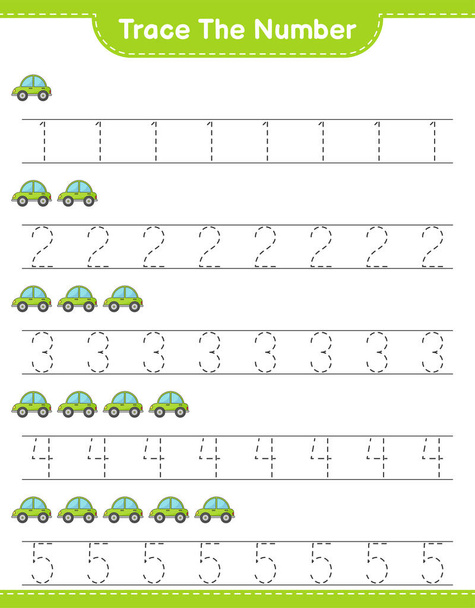 Verfolgen Sie die Nummer. Spurensicherung mit Auto. Pädagogisches Kinderspiel, druckbares Arbeitsblatt, Vektorillustration - Vektor, Bild