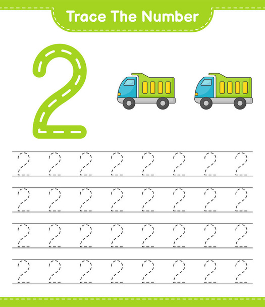 Traccia il numero. Tracciando il numero con il camion. Gioco educativo per bambini, foglio di lavoro stampabile, illustrazione vettoriale - Vettoriali, immagini