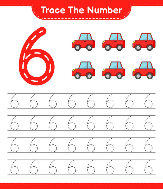 Traccia il numero. Tracciando il numero con l'auto. Gioco educativo per bambini, foglio di lavoro stampabile, illustrazione vettoriale - Vettoriali, immagini