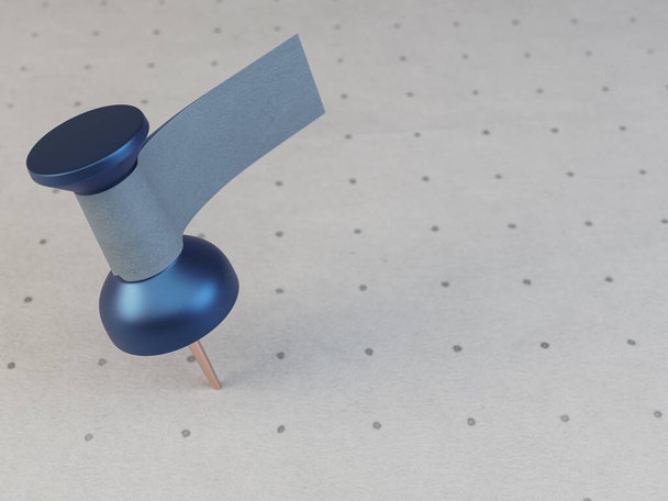 A blue thumbtack with a blank tape tag attached to it on a textured and printed paper surface -3D render - Photo, Image