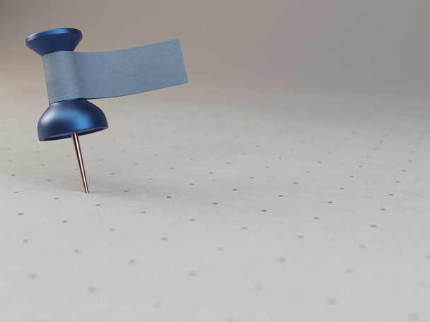 Una chincheta azul con una etiqueta de cinta en blanco pegada a ella en una superficie de papel texturizada e impresa - 3D render - Foto, Imagen