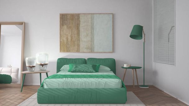 Moderne lichte minimalistische slaapkamer in turquoise tinten, tweepersoonsbed met kussens, dekbed en deken, parket, raam, tafel met lampen, spiegel met poef, tapijt, interieur idee - Foto, afbeelding
