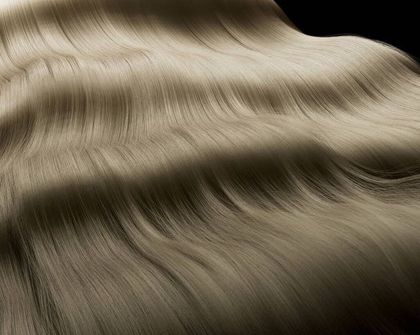 Eine Nahaufnahme von dicken glänzenden blonden welligen Haaren auf dunklem Hintergrund - 3D-Render - Foto, Bild