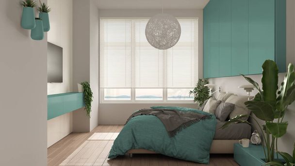 Panoramik beyaz ve turkuaz minimalist yatak odası parke, büyük pencere, ev bitkileri, yumuşak yorgan ve yastıklar. Çevre yeşili kavramı, iç tasarım - Fotoğraf, Görsel