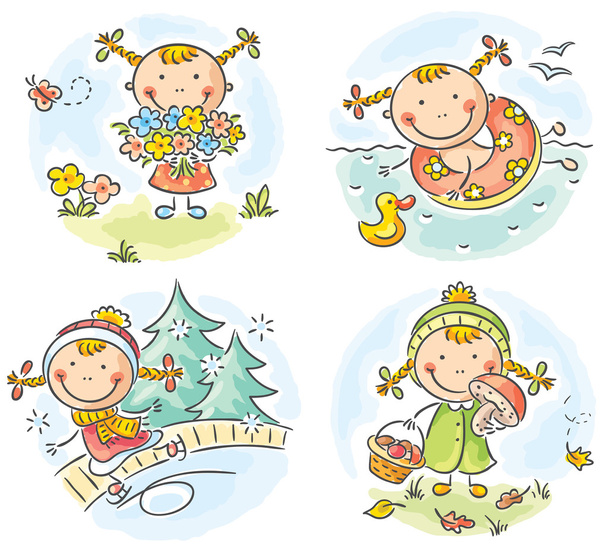 Girl's activities during the four seasons - Vector, Image