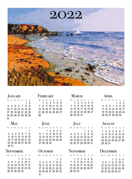 Kalendarz na rok 2022. Tydzień zaczyna się w poniedziałek. Piękny nadmorski krajobraz w Tenby. - Zdjęcie, obraz
