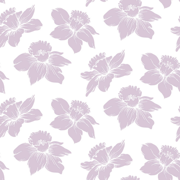 Seamless pattern, floral print, hand-drawn lilac daffodils on a white background Textile, cover, wallpaper, decor for decoration - Vektör, Görsel