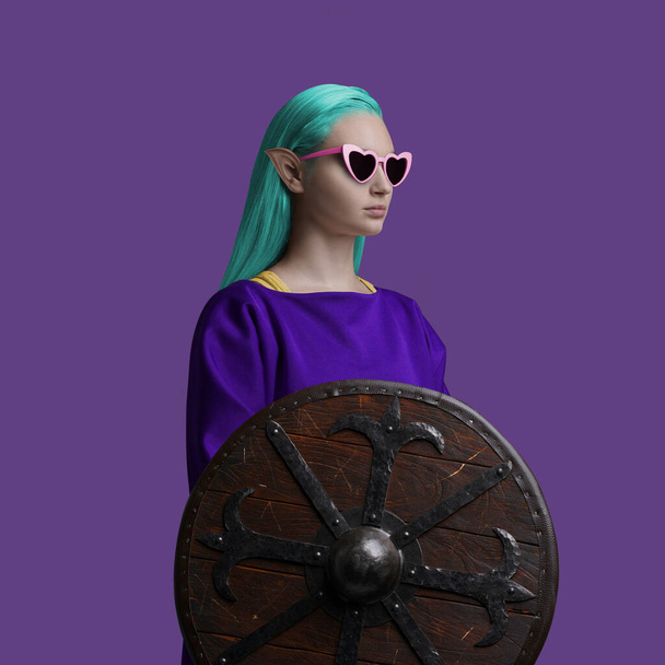Blue haired woman with shield and heart shaped sunglasses - 写真・画像