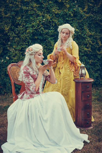 Портрет двух блондинок, одетых в историческую барочную одежду со старой модной прической, на открытом воздухе. Роскошное средневековое платье - Фото, изображение