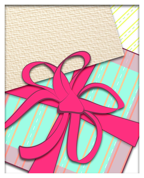 Ταχυδρομική κάρτα, πανό. Ψηφιακό επίπεδο σχέδιο ενός κουτιού δώρου. Φωτεινή συσκευασία δεμένη με φιόγκο. Για γενέθλια, Πάσχα, Ημέρα του Αγίου Βαλεντίνου, γάμος.. - Φωτογραφία, εικόνα