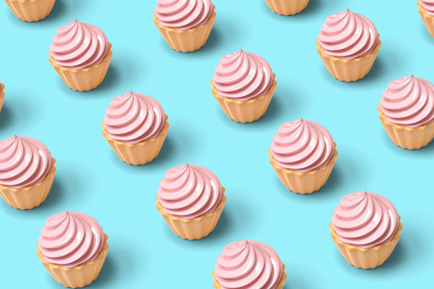 Pink cupcakes pattern background. 3D illustration. - Foto, Imagem