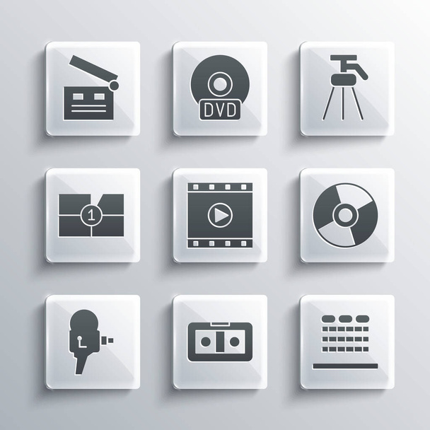 Set VHS video cassette tape, Cinema auditorium with seats, CD DVD disk, Play Video, Retro cinema camera, Old film movie countdown frame, Movie clapper and Tripod icon. Vector - ベクター画像