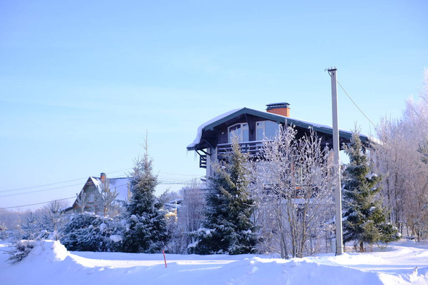 Dağlarda bir ev kışın karla kaplı ve yakınlarda üç Noel ağacı var. - Fotoğraf, Görsel