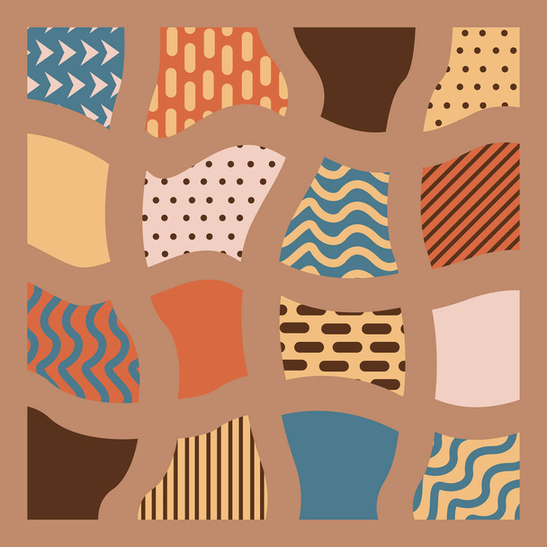 Vector graphics is an abstract pattern with multicolored patches and geometric shapes on a beige background. Concept textiles, wallpaper or wrapping paper - Vektör, Görsel