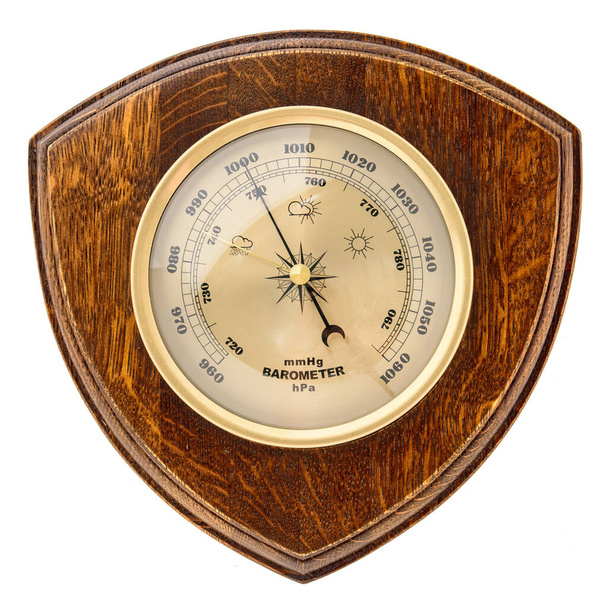 Vintage wooden clock with barometer and Old marine style thermometer on a white background. Wall decor for the interior. - Foto, afbeelding