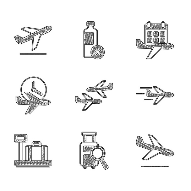 Set Plane, Lost baggage, landing, Scale with suitcase, Flight time, Calendar airplane and takeoff icon. Vector - Vektori, kuva