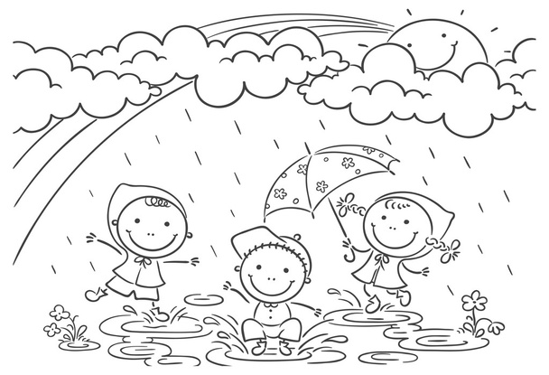 Kids playing in the rain - Vector, Image
