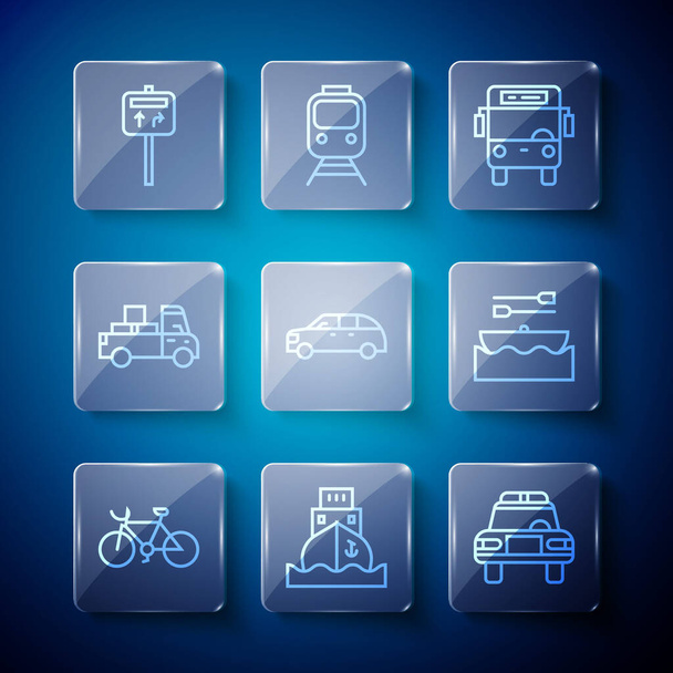 Set line Bicycle, Cargo ship, Police car and flasher, Bus, Hatchback, Delivery truck, Road traffic signpost and Boat with oars icon. Vector - ベクター画像