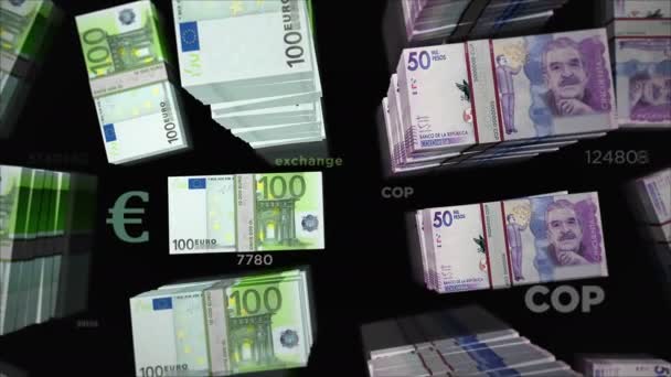 Euró és Kolumbia Peso pénzváltás. Papírbankjegyek csomagja. A kereskedelem, a gazdaság, a verseny, a válság, a bankok és a pénzügyek fogalma. Megjegyzések hurkolható zökkenőmentes 3D animáció. - Felvétel, videó