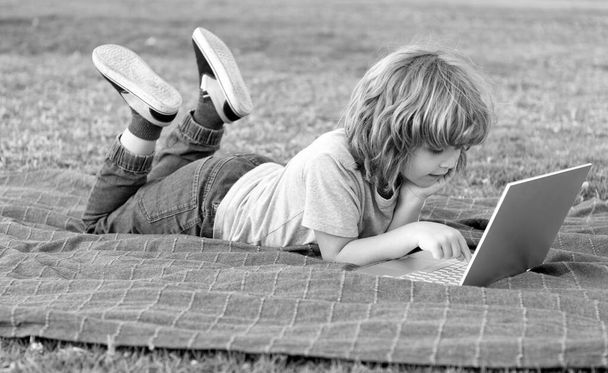 niño pequeño uso moderno portátil inalámbrico en la hierba del parque, estudio en línea - Foto, imagen