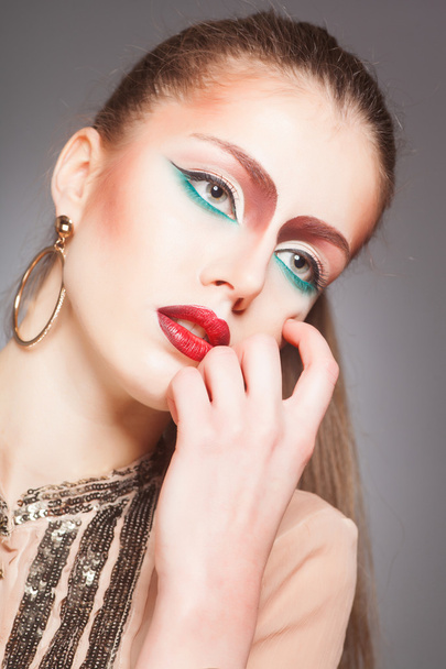 Fashion closeup portrait of beautiful young woman with creative make-up - Zdjęcie, obraz