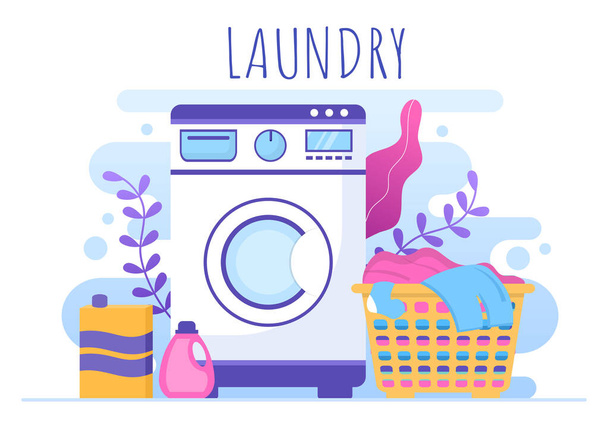 Laundry with Wash and Drying Machines in Flat Background Illustration. Dirty Cloth Lying in Basket and Women are Washing Clothes for Banner or Poster - Vector, Image