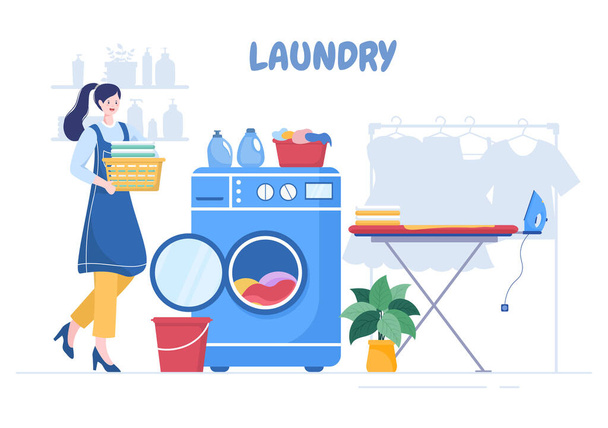 Lavandería con lavadoras y secadoras en fondo plano Ilustración. Paño sucio acostado en la cesta y las mujeres están lavando la ropa para pancarta o póster - Vector, imagen