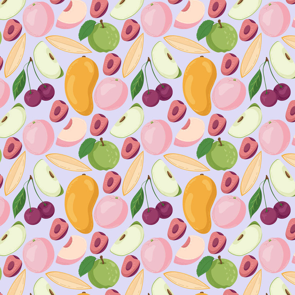 Gyümölcsmentes minta textiltermékek, őszibarack, alma, cseresznye és mangó darabok, csont és levelek számára lapos stílusban  - Vektor, kép