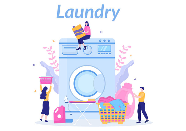 Laundry with Wash and Drying Machines in Flat Background Illustration. Dirty Cloth Lying in Basket and Women are Washing Clothes for Banner or Poster - Vetor, Imagem