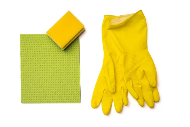 cleaning items, gloves, cloths and sponge. isolated white background - Фото, изображение