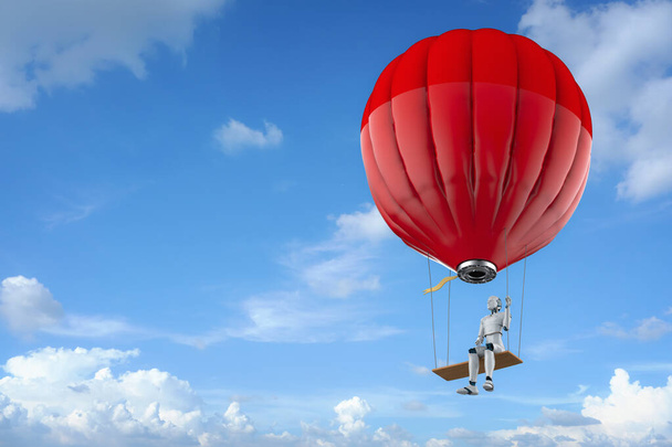 3D візуалізація робота на червоній повітряній кулі з гойдалкою муха в хмарному небі
 - Фото, зображення