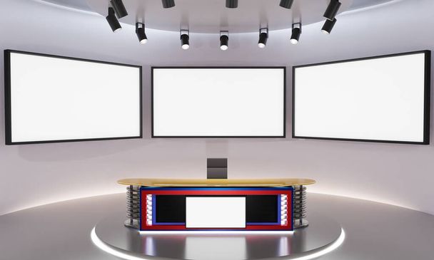 tavolo in legno su stand con schermo a led sullo sfondo nella sala news studio.. - Foto, immagini