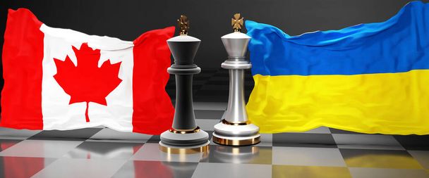 Canadá Ucrania conversaciones, reunión o comercio entre esos dos países que tiene como objetivo resolver los problemas políticos, simbolizado por un juego de ajedrez con banderas nacionales, 3d ilustración - Foto, imagen