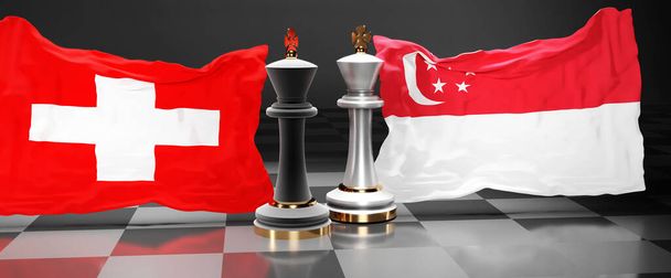 Suiza Singapur conversaciones, reunión o comercio entre esos dos países que tiene como objetivo resolver los problemas políticos, simbolizado por un juego de ajedrez con banderas nacionales, 3d ilustración - Foto, imagen