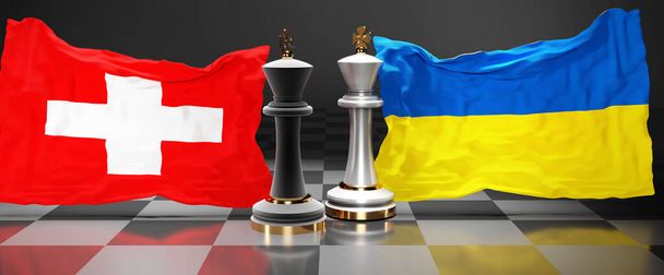 Sveitsi Ukraina puhuu, kokous tai kauppaa näiden kahden maan välillä, jonka tavoitteena on ratkaista poliittisia kysymyksiä, symboloi shakkipeli kansallisten lippujen, 3d kuva - Valokuva, kuva
